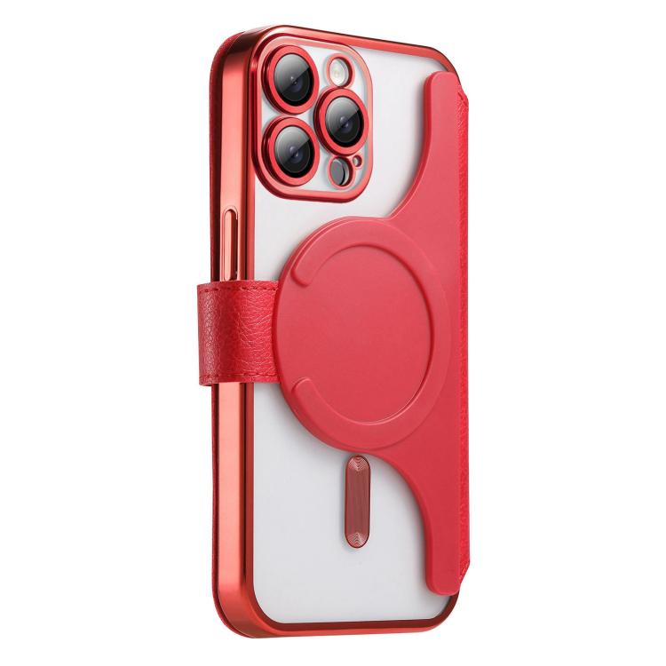 For iPhone 14 Pro Max Splitable Electroplated MagSafe RFID Anti-theft Leather Phone Case with Lens Film
