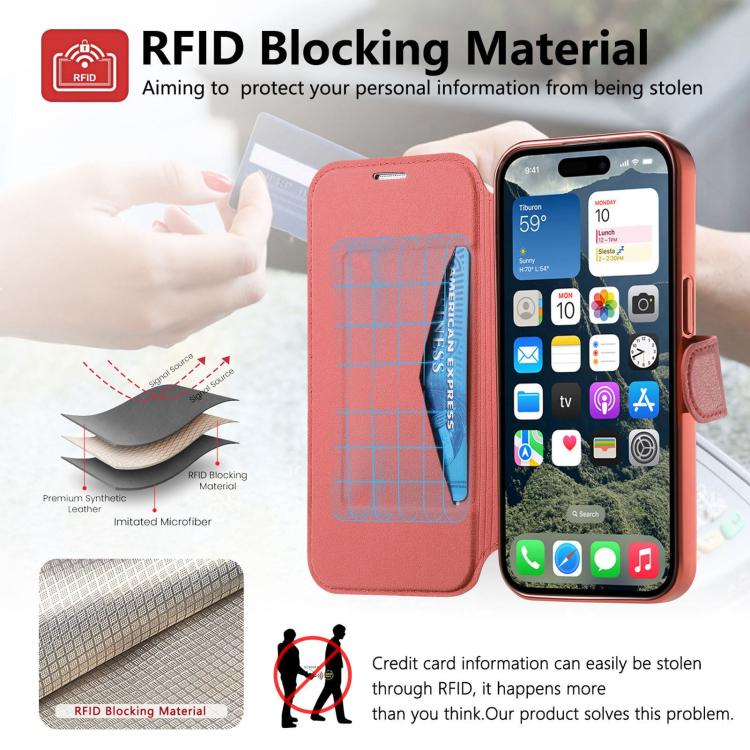 For iPhone 14 Pro Max Splitable Electroplated MagSafe RFID Anti-theft Leather Phone Case with Lens Film