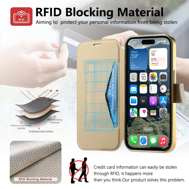 For iPhone 14 Pro Max Splitable Electroplated MagSafe RFID Anti-theft Leather Phone Case with Lens Film