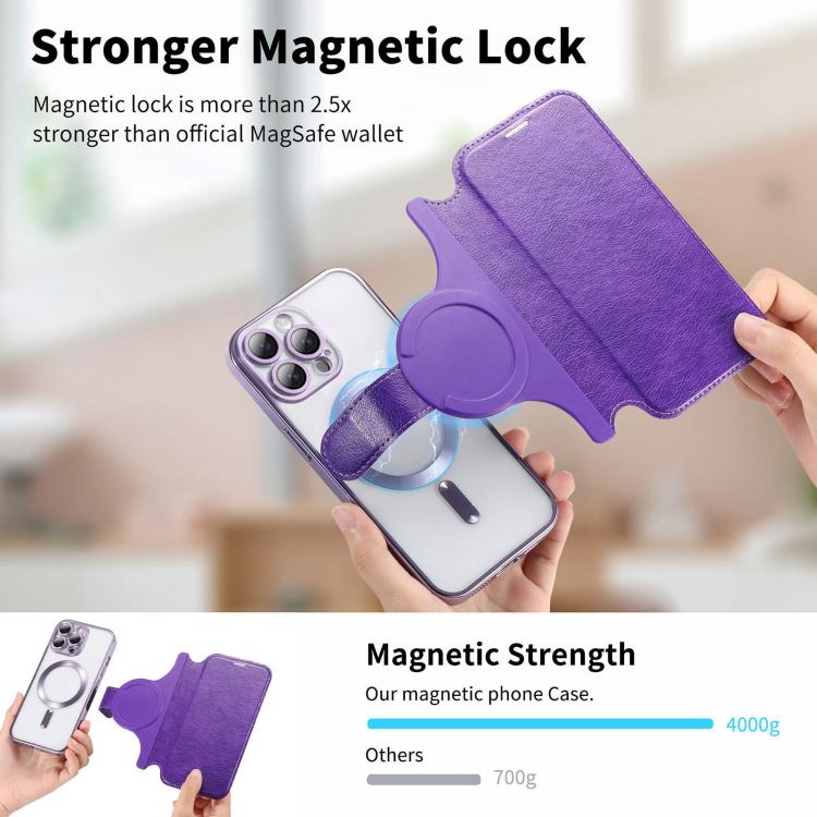 For iPhone 13 Pro Max Splitable Electroplated MagSafe RFID Anti-theft Leather Phone Case with Lens Film
