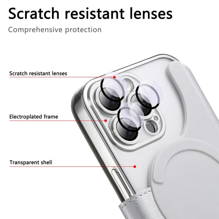 For iPhone 13 Pro Splitable Electroplated MagSafe RFID Anti-theft Leather Phone Case with Lens Film