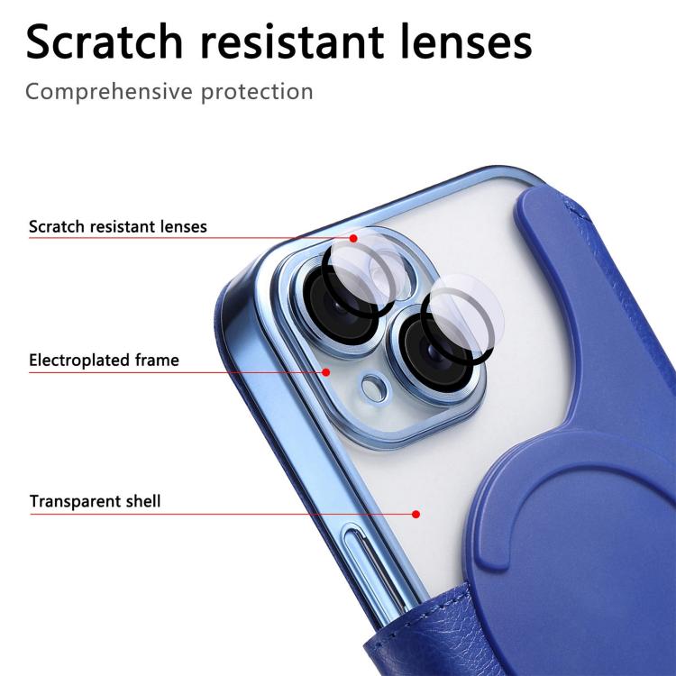 For iPhone 13 Splitable Electroplated MagSafe RFID Anti-theft Leather Phone Case with Lens Film