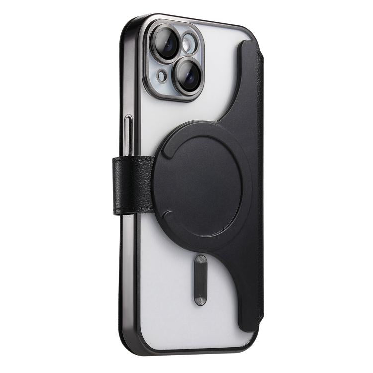 For iPhone 13 Splitable Electroplated MagSafe RFID Anti-theft Leather Phone Case with Lens Film