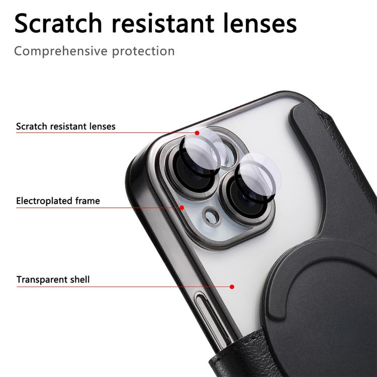 For iPhone 13 Splitable Electroplated MagSafe RFID Anti-theft Leather Phone Case with Lens Film