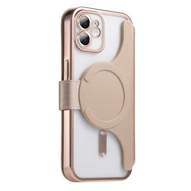 For iPhone 12 Splitable Electroplated MagSafe RFID Anti-theft Leather Phone Case with Lens Film