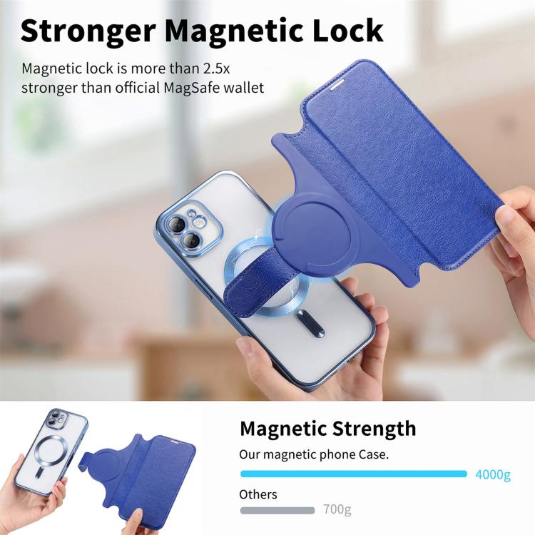 For iPhone 12 Splitable Electroplated MagSafe RFID Anti-theft Leather Phone Case with Lens Film