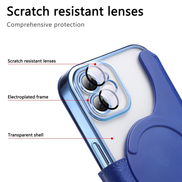 For iPhone 12 Splitable Electroplated MagSafe RFID Anti-theft Leather Phone Case with Lens Film