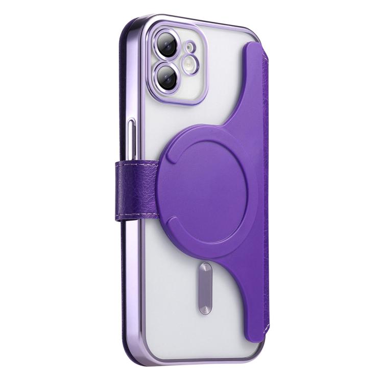 For iPhone 12 Splitable Electroplated MagSafe RFID Anti-theft Leather Phone Case with Lens Film