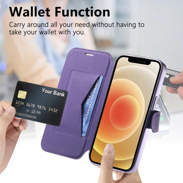 For iPhone 12 Splitable Electroplated MagSafe RFID Anti-theft Leather Phone Case with Lens Film