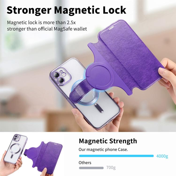 For iPhone 12 Splitable Electroplated MagSafe RFID Anti-theft Leather Phone Case with Lens Film