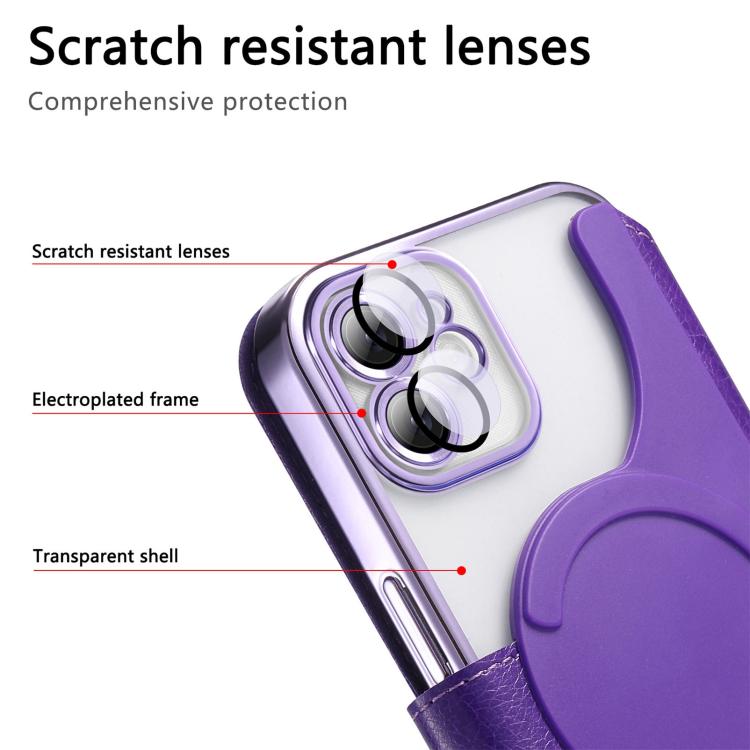 For iPhone 12 Splitable Electroplated MagSafe RFID Anti-theft Leather Phone Case with Lens Film