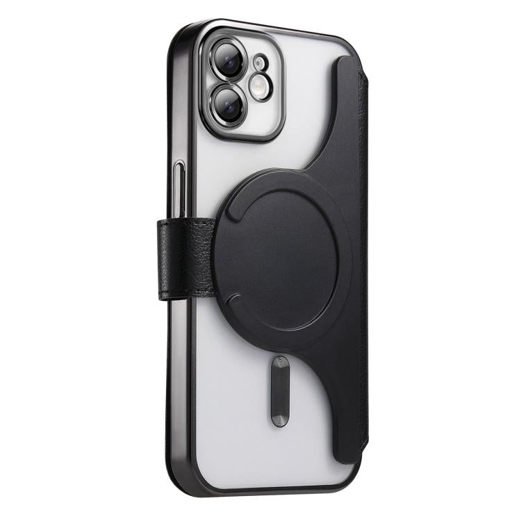 For iPhone 12 Splitable Electroplated MagSafe RFID Anti-theft Leather Phone Case with Lens Film