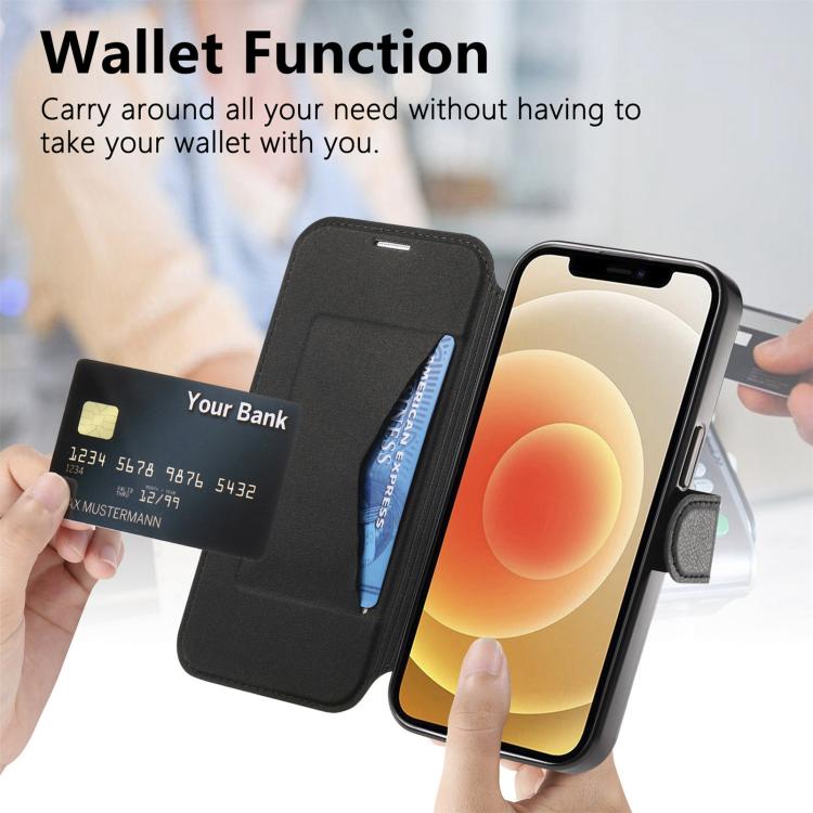 For iPhone 12 Splitable Electroplated MagSafe RFID Anti-theft Leather Phone Case with Lens Film