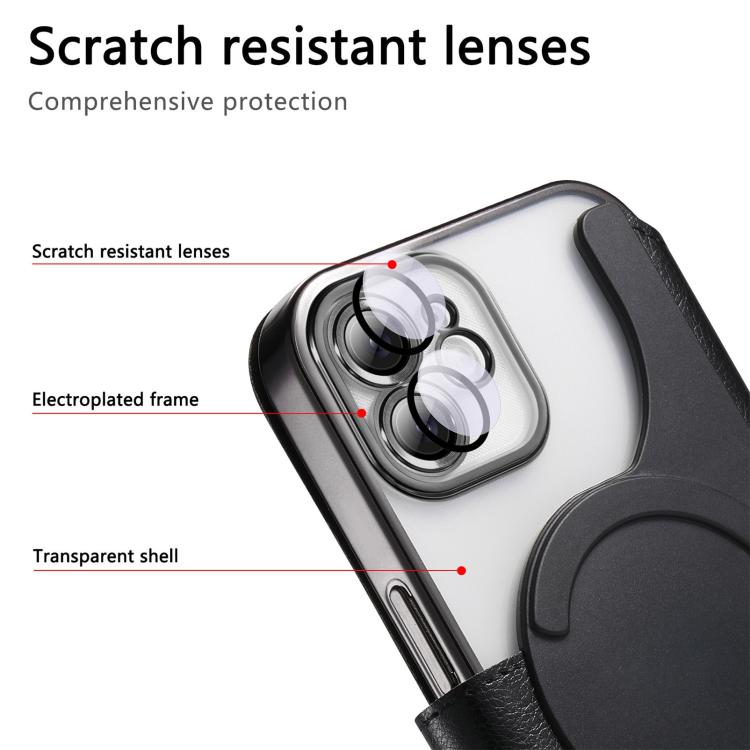 For iPhone 12 Splitable Electroplated MagSafe RFID Anti-theft Leather Phone Case with Lens Film