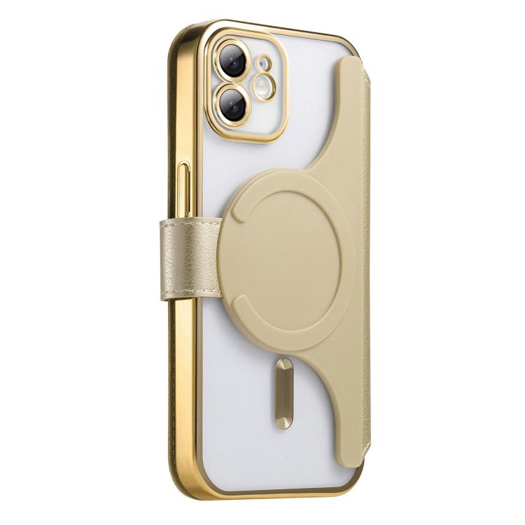 For iPhone 12 Splitable Electroplated MagSafe RFID Anti-theft Leather Phone Case with Lens Film