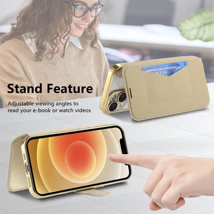 For iPhone 12 Splitable Electroplated MagSafe RFID Anti-theft Leather Phone Case with Lens Film