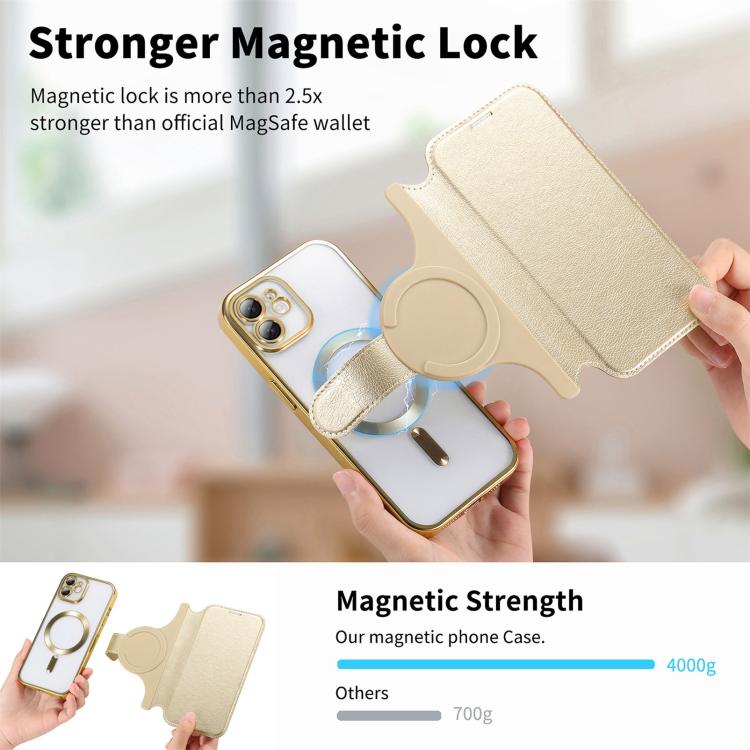 For iPhone 12 Splitable Electroplated MagSafe RFID Anti-theft Leather Phone Case with Lens Film