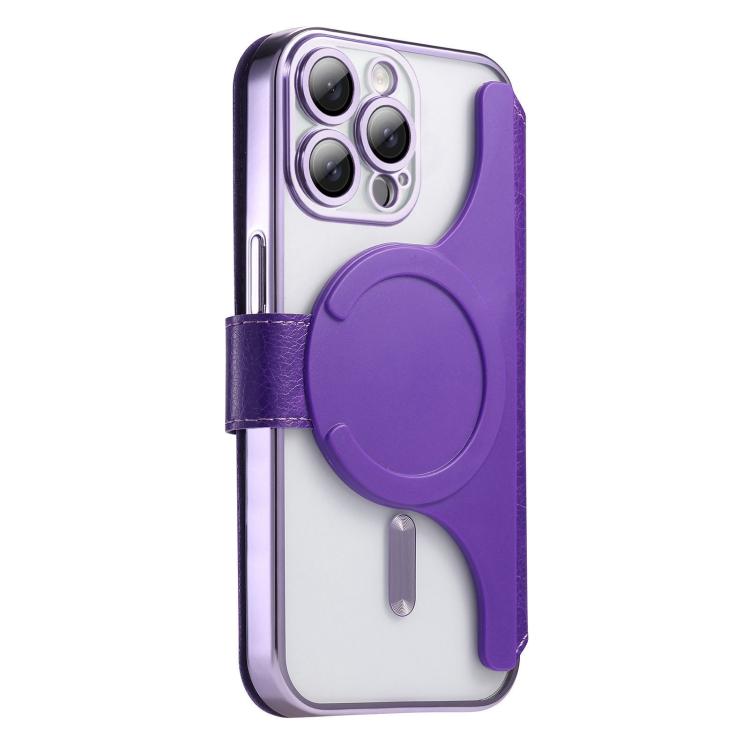 For iPhone 12 Pro Max Splitable Electroplated MagSafe RFID Anti-theft Leather Phone Case with Lens Film
