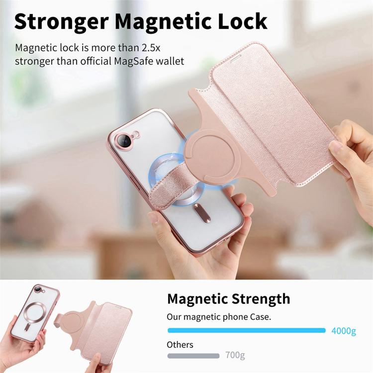 For iPhone 17e / 16e Splitable Electroplated MagSafe RFID Anti-theft Leather Phone Case with Lens Film