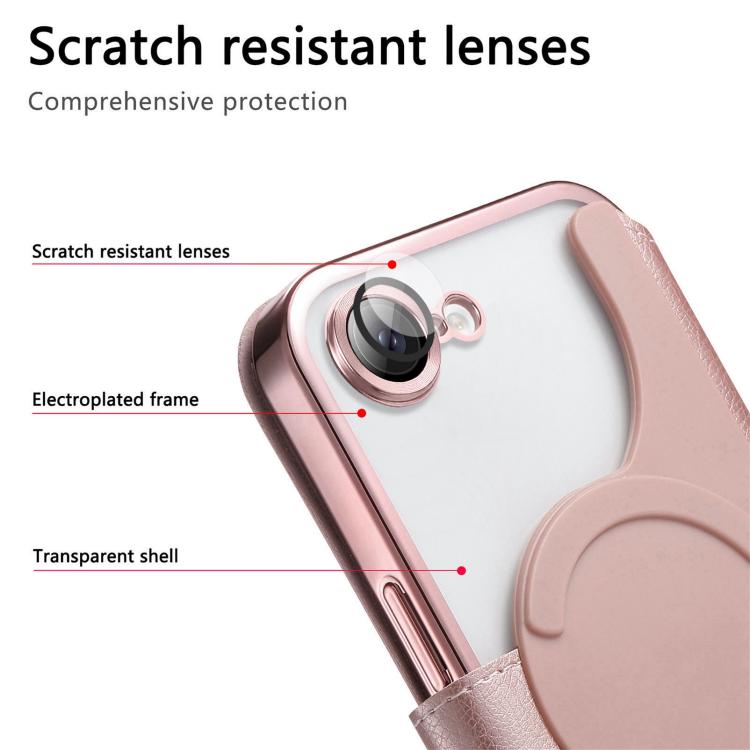 For iPhone 17e / 16e Splitable Electroplated MagSafe RFID Anti-theft Leather Phone Case with Lens Film