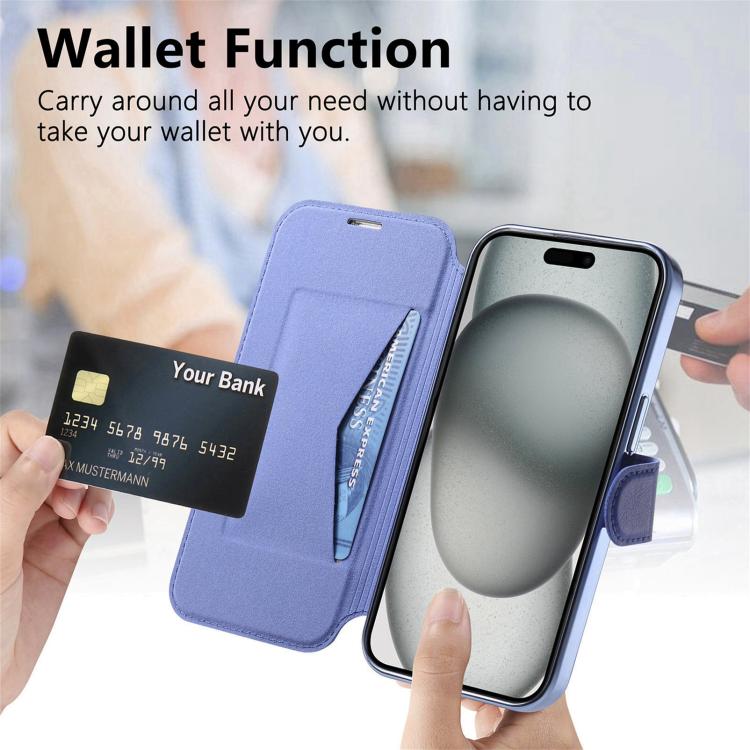 For iPhone 17e / 16e Splitable Electroplated MagSafe RFID Anti-theft Leather Phone Case with Lens Film