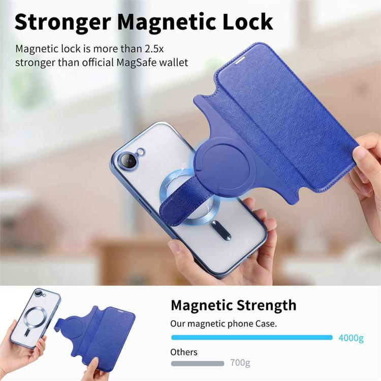 For iPhone 17e / 16e Splitable Electroplated MagSafe RFID Anti-theft Leather Phone Case with Lens Film