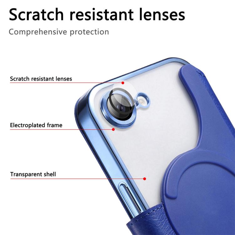For iPhone 17e / 16e Splitable Electroplated MagSafe RFID Anti-theft Leather Phone Case with Lens Film