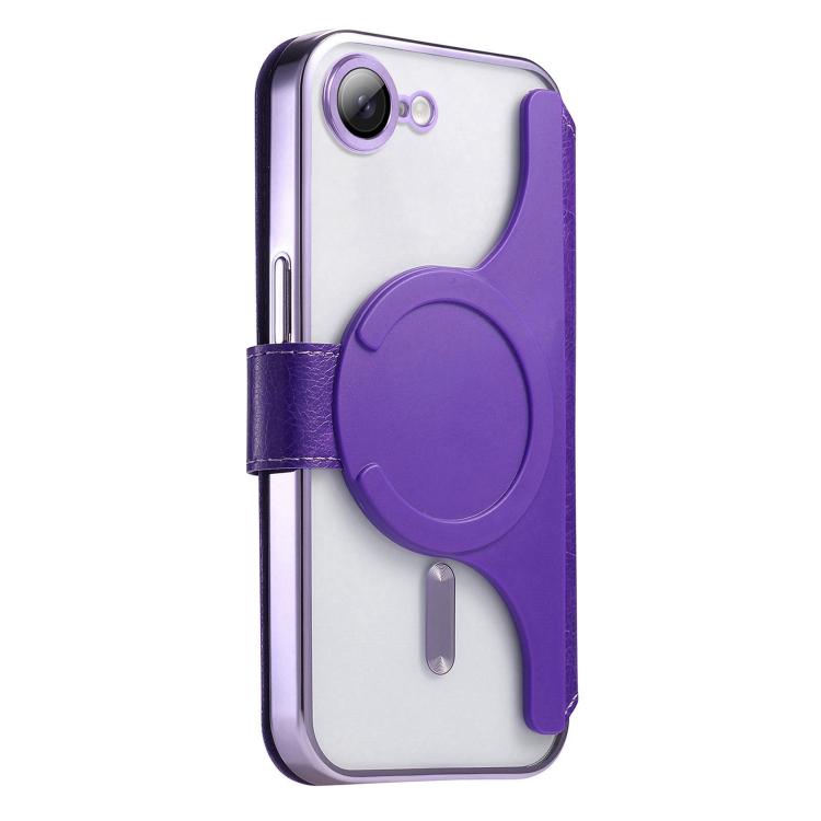 For iPhone 17e / 16e Splitable Electroplated MagSafe RFID Anti-theft Leather Phone Case with Lens Film