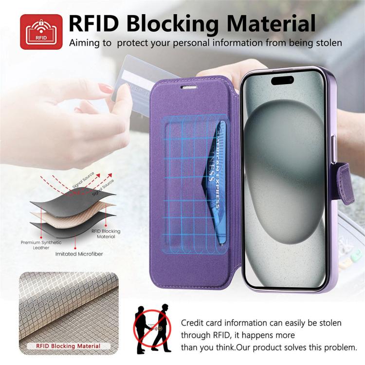 For iPhone 17e / 16e Splitable Electroplated MagSafe RFID Anti-theft Leather Phone Case with Lens Film