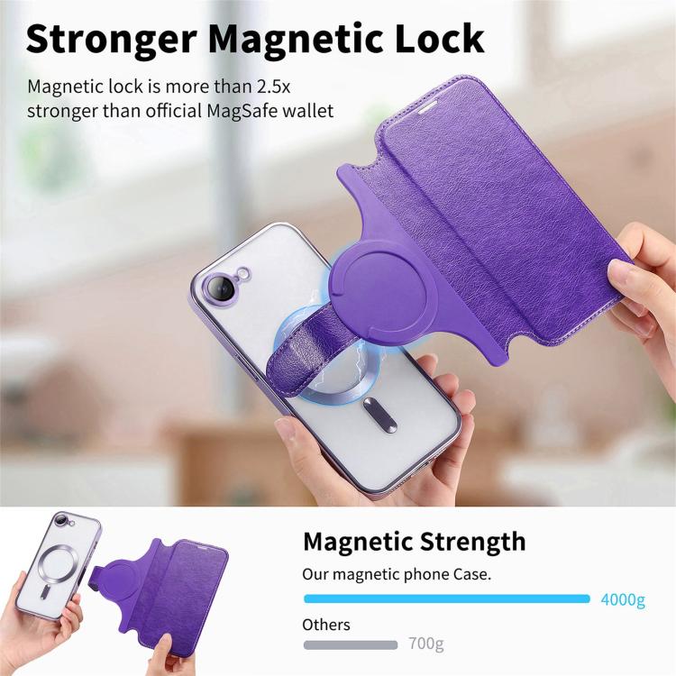 For iPhone 17e / 16e Splitable Electroplated MagSafe RFID Anti-theft Leather Phone Case with Lens Film