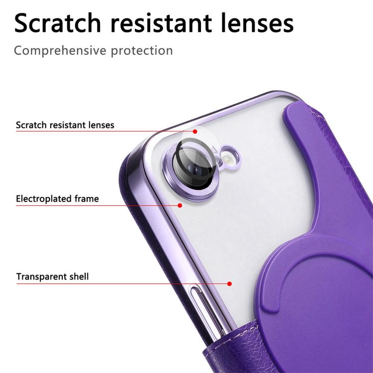 For iPhone 17e / 16e Splitable Electroplated MagSafe RFID Anti-theft Leather Phone Case with Lens Film