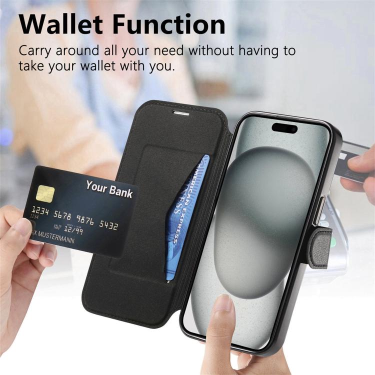 For iPhone 17e / 16e Splitable Electroplated MagSafe RFID Anti-theft Leather Phone Case with Lens Film