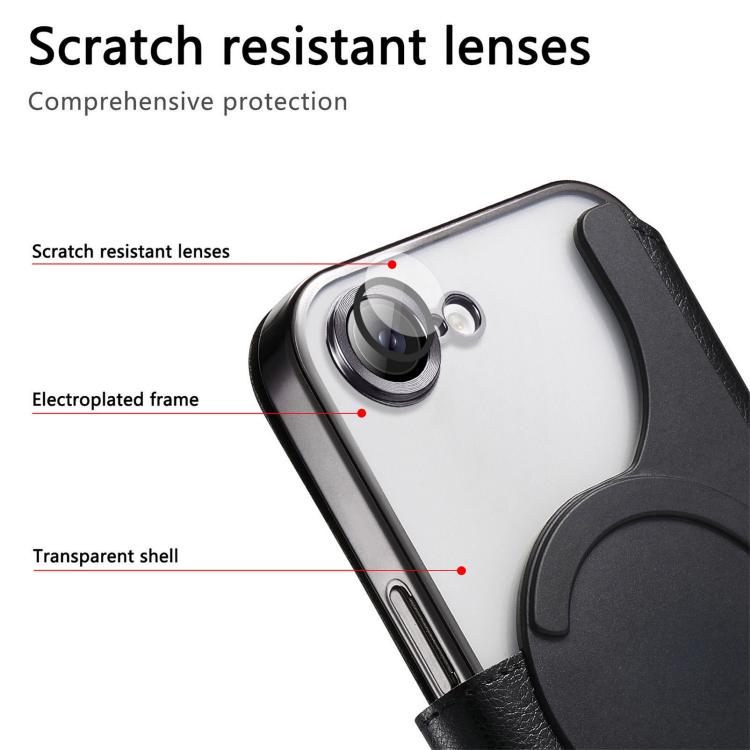 For iPhone 17e / 16e Splitable Electroplated MagSafe RFID Anti-theft Leather Phone Case with Lens Film