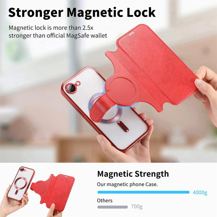 For iPhone 17e / 16e Splitable Electroplated MagSafe RFID Anti-theft Leather Phone Case with Lens Film