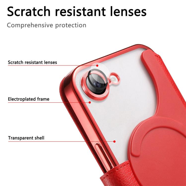 For iPhone 17e / 16e Splitable Electroplated MagSafe RFID Anti-theft Leather Phone Case with Lens Film