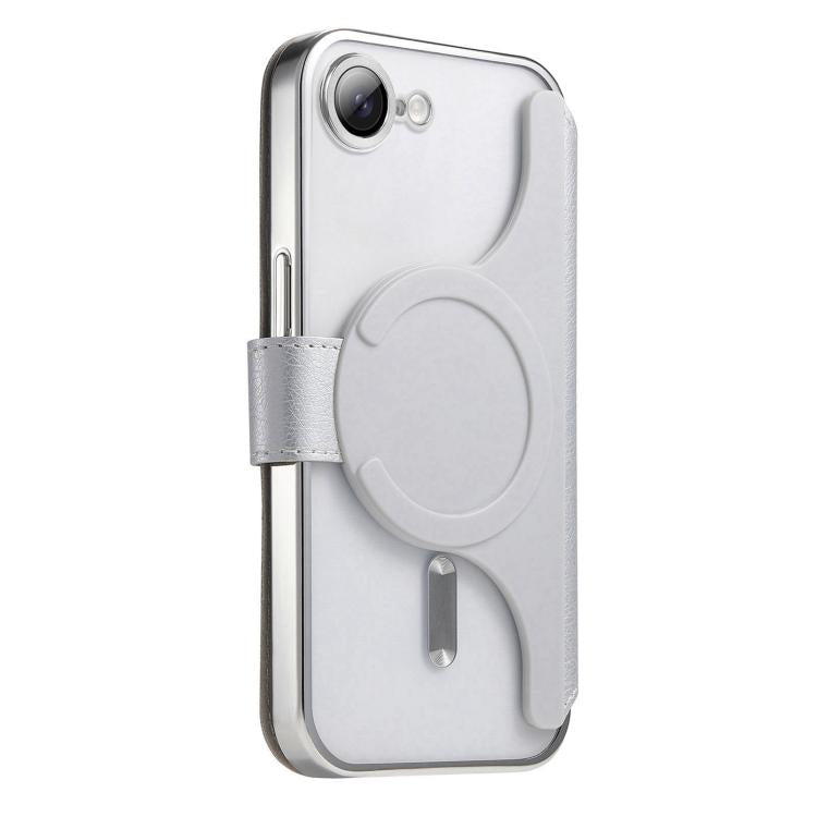 For iPhone 17e / 16e Splitable Electroplated MagSafe RFID Anti-theft Leather Phone Case with Lens Film