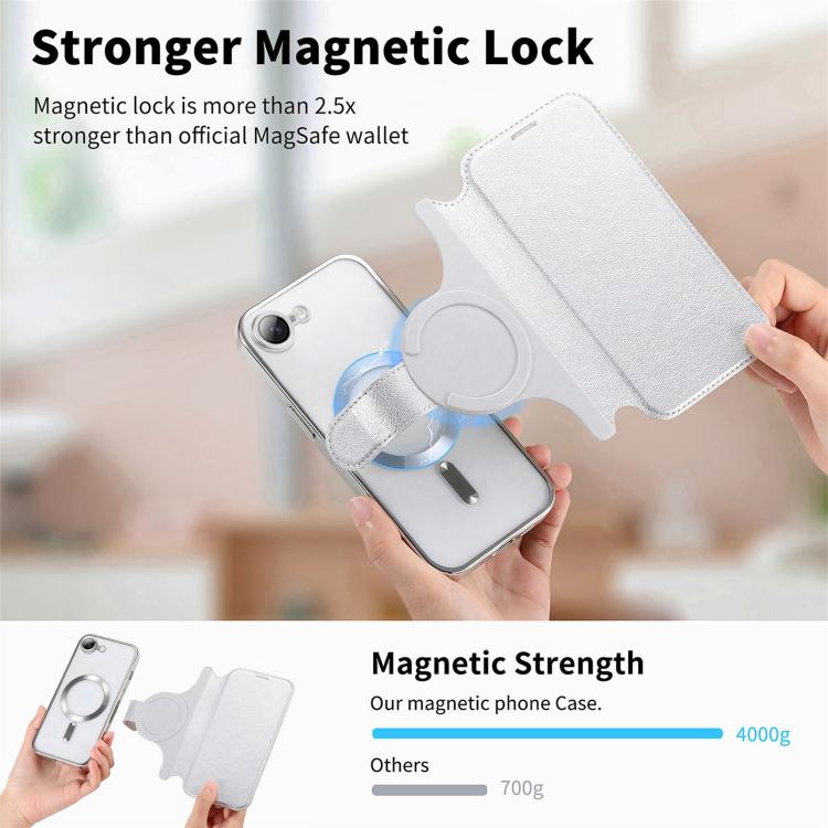 For iPhone 17e / 16e Splitable Electroplated MagSafe RFID Anti-theft Leather Phone Case with Lens Film