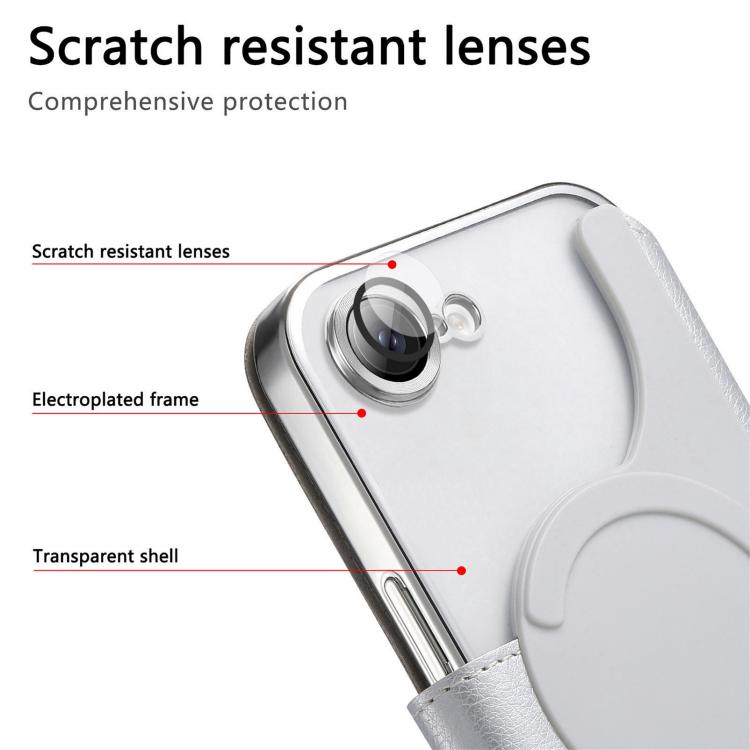 For iPhone 17e / 16e Splitable Electroplated MagSafe RFID Anti-theft Leather Phone Case with Lens Film