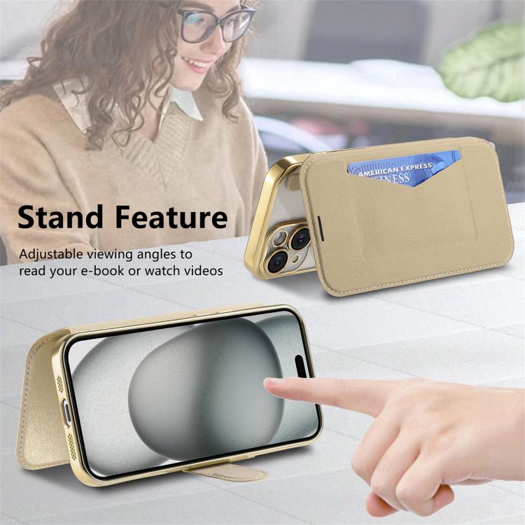 For iPhone 17e / 16e Splitable Electroplated MagSafe RFID Anti-theft Leather Phone Case with Lens Film