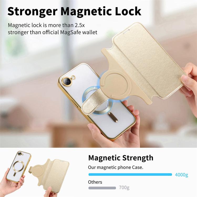 For iPhone 17e / 16e Splitable Electroplated MagSafe RFID Anti-theft Leather Phone Case with Lens Film