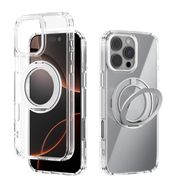 For iPhone 16 Pro Max ABEEL MagSafe Q-LUCK Pivot Bracket Transparent Phone Case