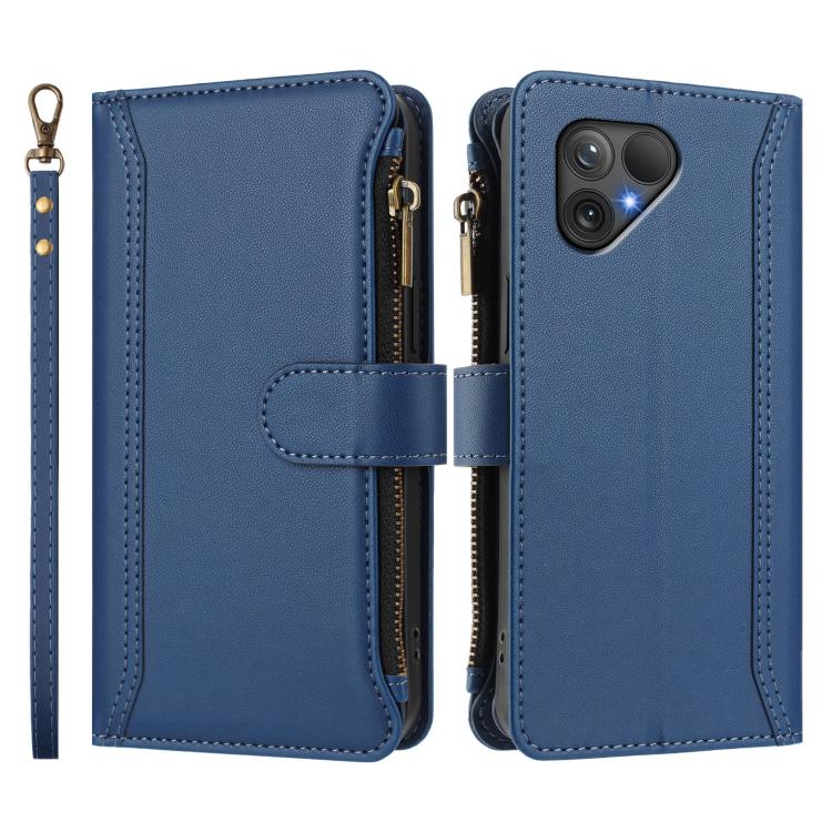 For Fairphone 5 Magnetic Closure 9 Card Slots Zipper Leather Case with Hand Strap