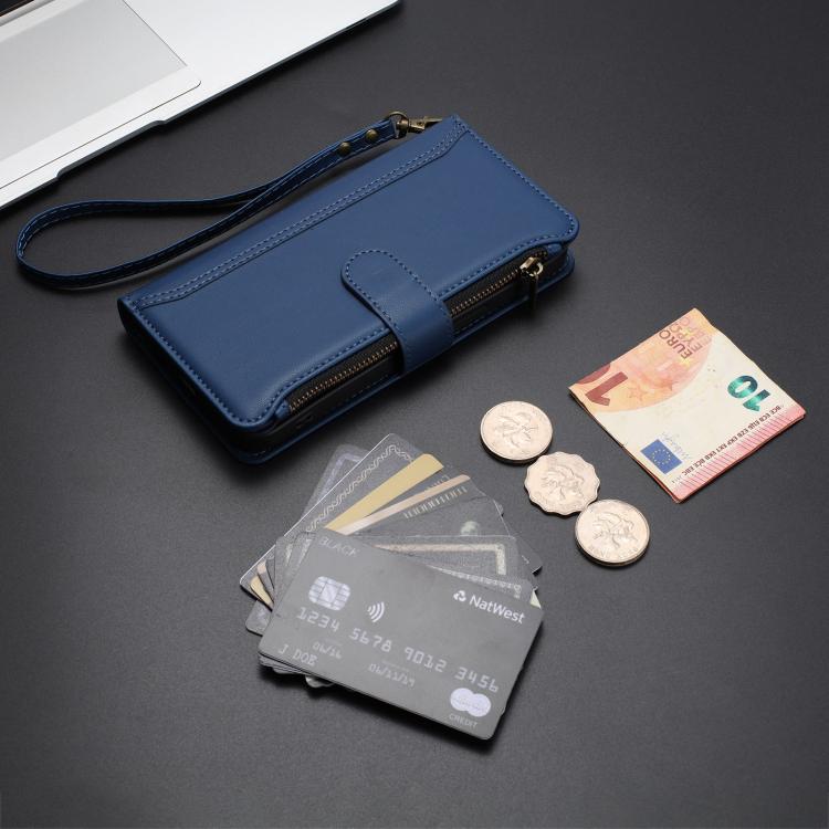 For Fairphone 5 Magnetic Closure 9 Card Slots Zipper Leather Case with Hand Strap