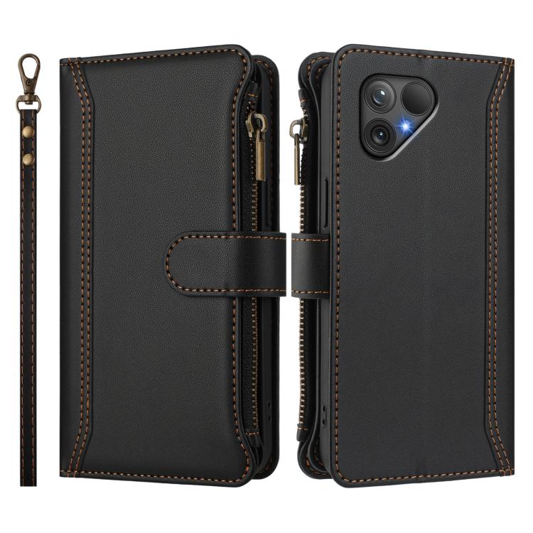 For Fairphone 5 Magnetic Closure 9 Card Slots Zipper Leather Case with Hand Strap
