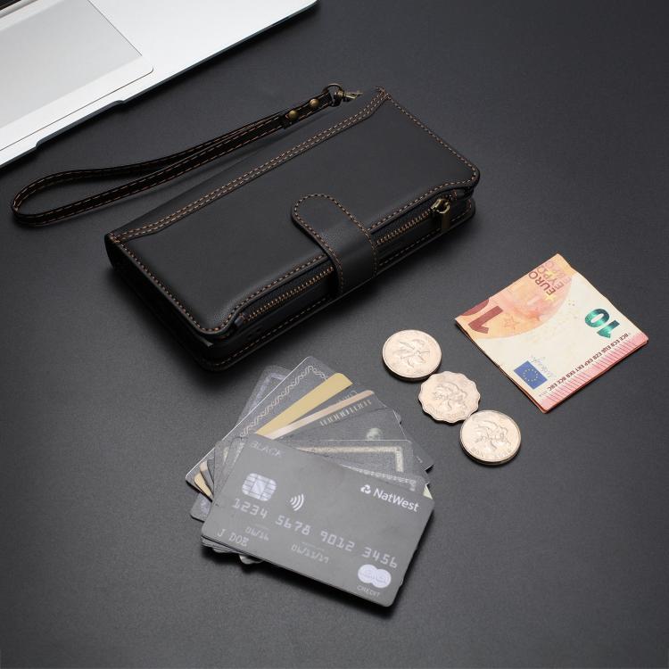 For Fairphone 5 Magnetic Closure 9 Card Slots Zipper Leather Case with Hand Strap