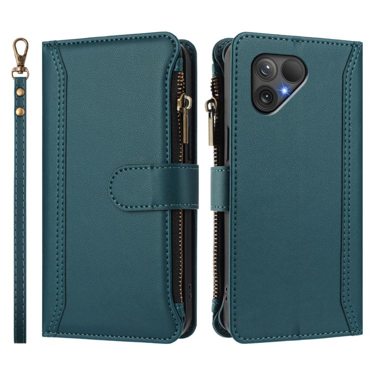 For Fairphone 5 Magnetic Closure 9 Card Slots Zipper Leather Case with Hand Strap