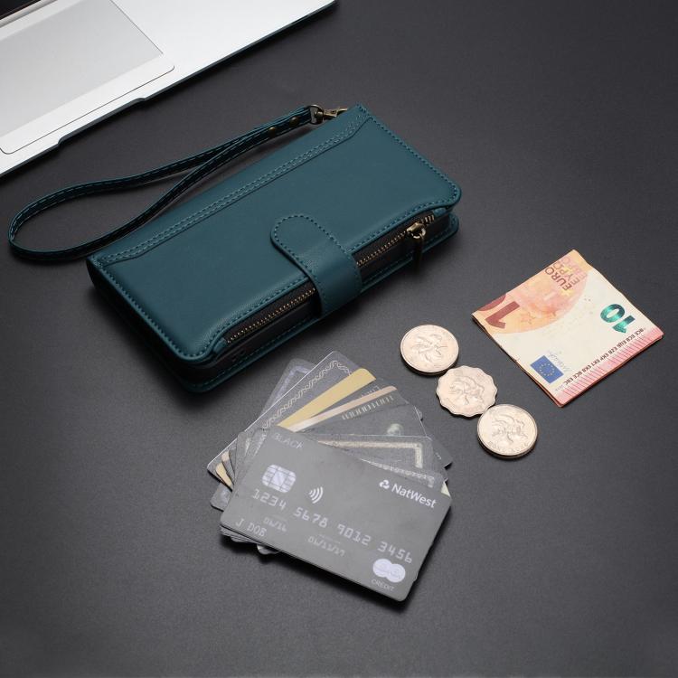 For Fairphone 5 Magnetic Closure 9 Card Slots Zipper Leather Case with Hand Strap
