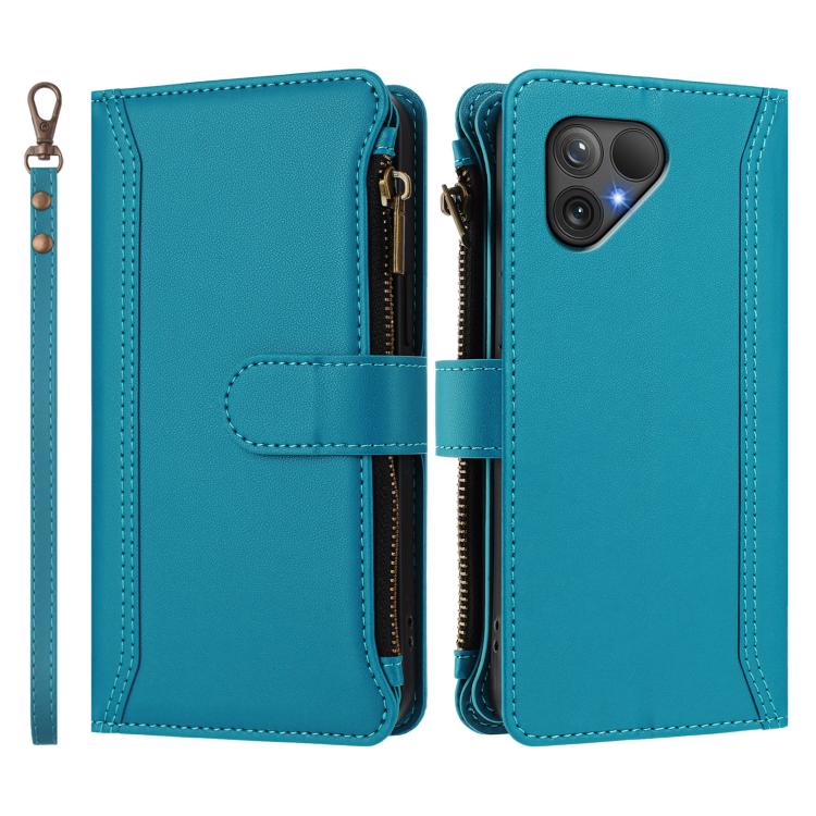 For Fairphone 5 Magnetic Closure 9 Card Slots Zipper Leather Case with Hand Strap