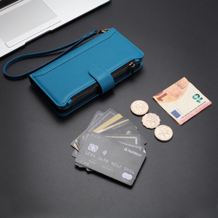 For Fairphone 5 Magnetic Closure 9 Card Slots Zipper Leather Case with Hand Strap