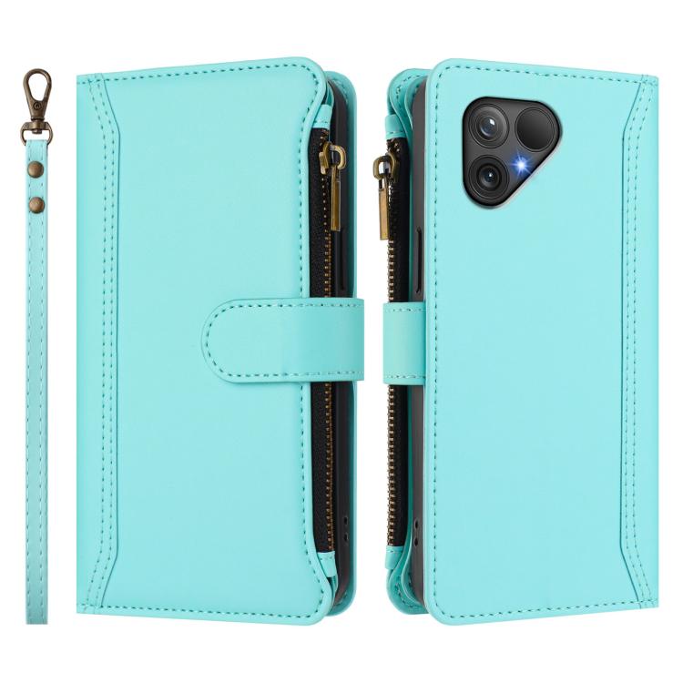 For Fairphone 5 Magnetic Closure 9 Card Slots Zipper Leather Case with Hand Strap